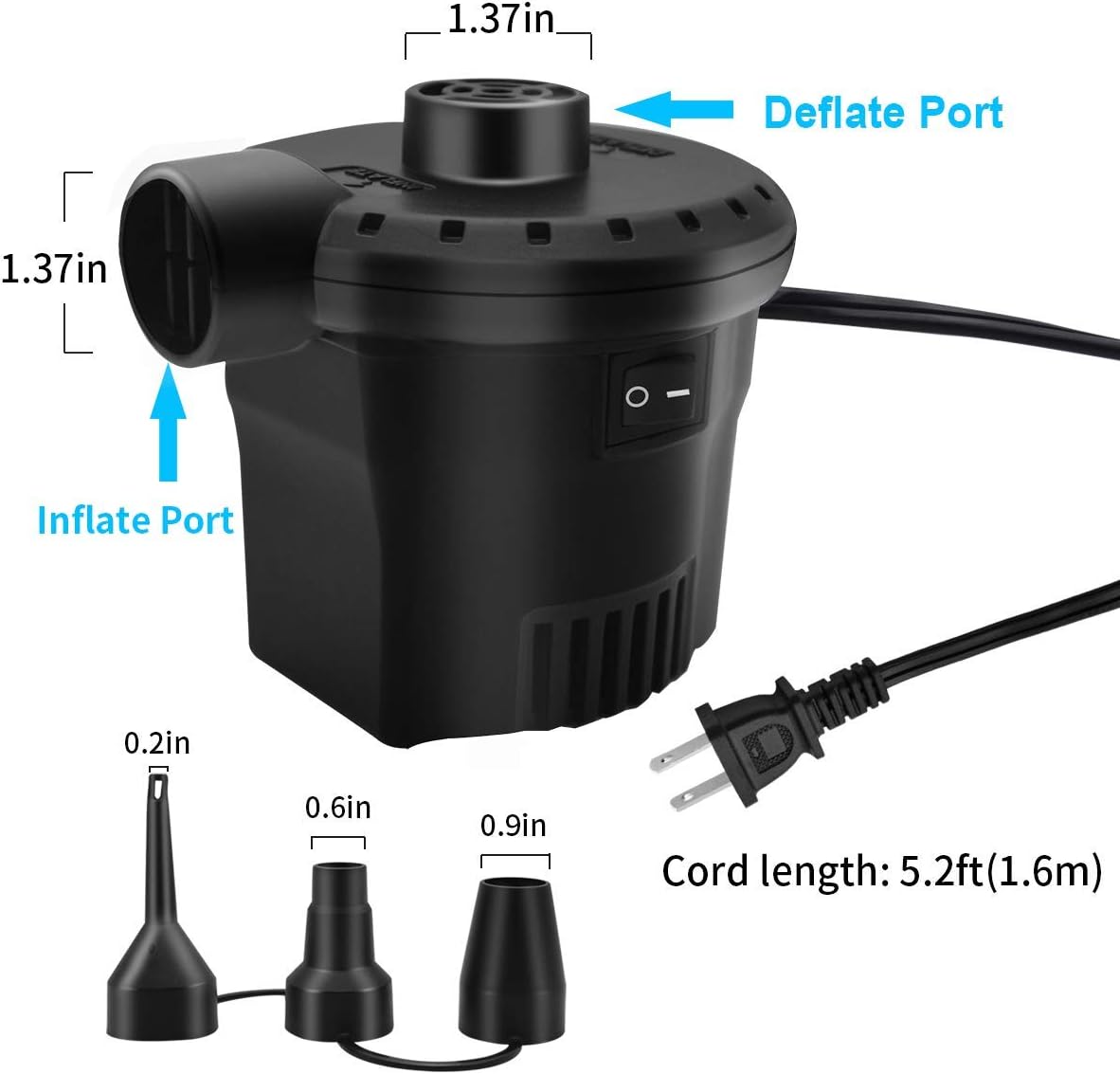 BLUELF Air Pump for Inflatables Air Mattress Pump Portable Quick Electric air Pump for Swimming Ring, Paddling Pool, Airbed or Inflatable Toys with 3 Nozzles AC 110V 130W: Sports & Outdoors