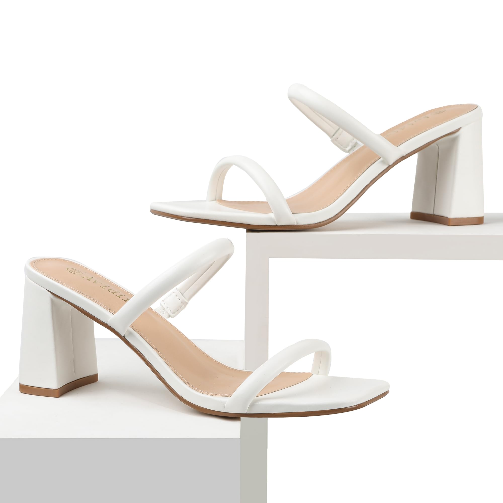 Women's Square Open Toe Heeled Sandals Two Strap Mules Slip On Block Chunky Mid Heels Sandals