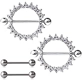 Ruifan 316L Stainless Steel Round CZ Gem Nipple Shield Ring & Nipple Barbell Bar Retainer Body Piercing 14G 4PCS