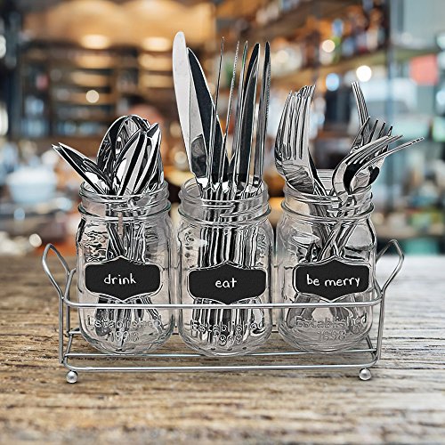 3-pc Mason Jar Flatware Caddies - 17 Oz. Vintage Clear Glass Utensil Organizer with Black Chalk Label on Metal Caddy with Handles - Lightweight Space-Saver Home and Party Drinkware Set - Thumbnail 4