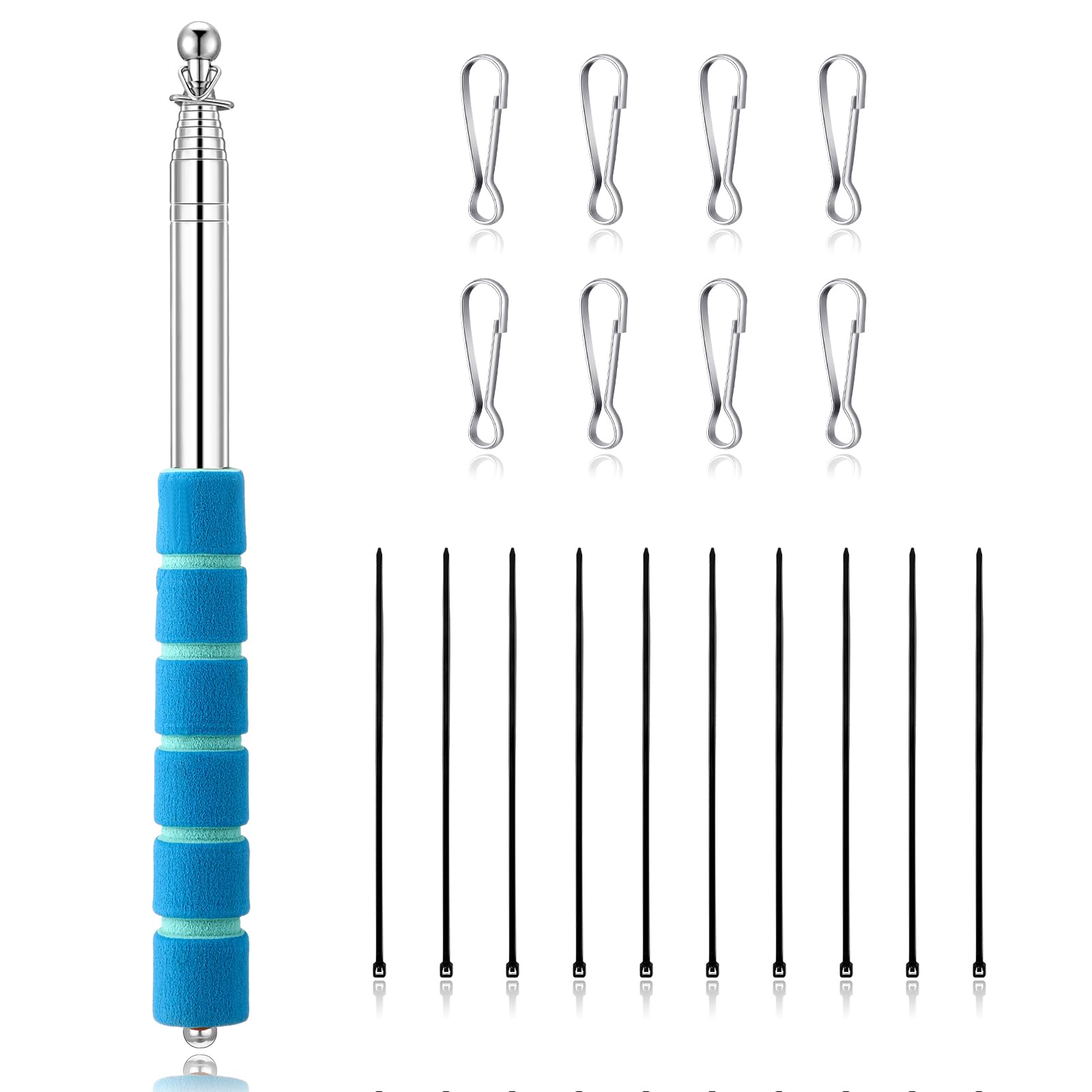 Photect 2 Meter Telescopic Portable Collapsible Flag Pole for Camping Handheld Extendable Flagpole Stainless Steel Stick with Hooks with 8 Pcs Pole Clip for Tour Camping Guide Travel Teaching (Blue)