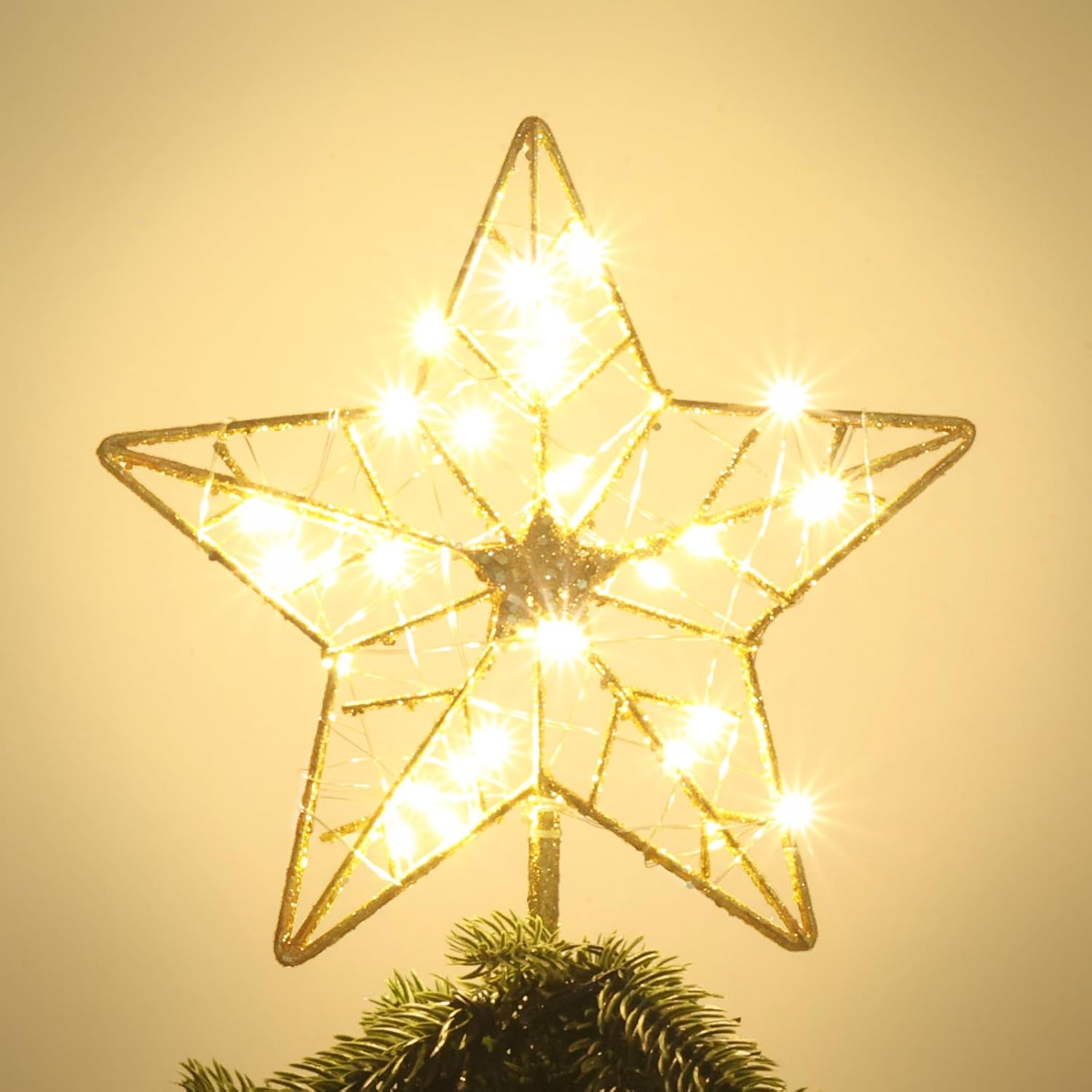 Tree Toppers - YEAHOME Christmas Tree Topper, Lighted 3D Hollow 5-Point Star Tree Topper, Wire Star for Christmas Treetop with 30 LED Lights Xmas Tree Topper for Christmas Tree Ornament Decoration, Gold Glittered
