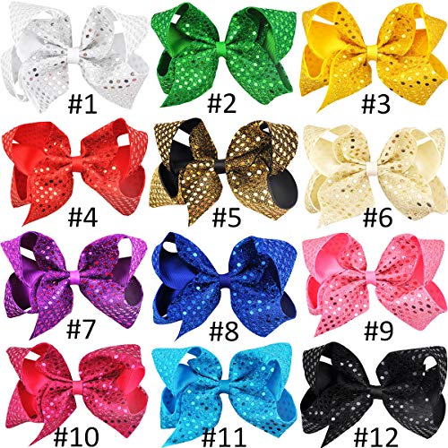 12PCS 6Inch Hair Bows Alligator Hair Clips Large Big Glitter Sparkly Sequin Grosgrain Ribbon Hair Bows Clips for Baby Girls Toddlers Kids Children