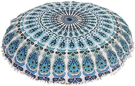 32" Large Blue White Round Pillow Cover Decorative Mandala Pillow Sham Indian Bohemian Ottoman Poufs Pom Pom Pillow Cases Outdoor Cushion Cover