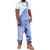 Runcati Men's Denim Bib Overall Ripped Distressed Jean Fashion Casual Adjustable Strap Loose Fit Hippie Jumpsuit
