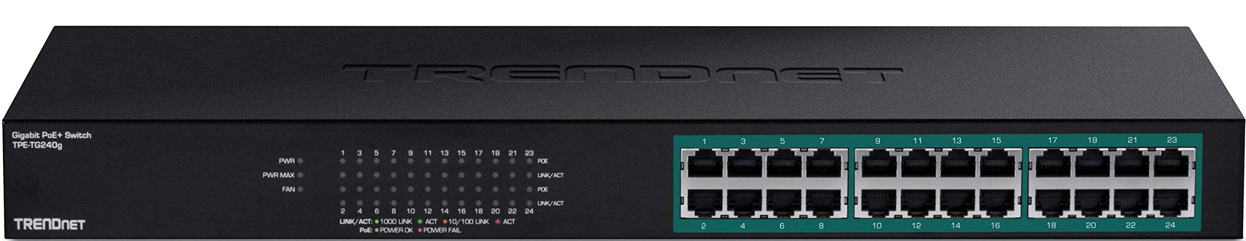 TRENDnet 24-Port Gigabit PoE+ Switch, 24 x Gigabit PoE+ Ports, 370W Power Budget, 48Gbps Switch Capacity, RackMount Kit Included, Ethernet Network Switch, Metal, Lifetime Protection, Black, TPE-TG240G