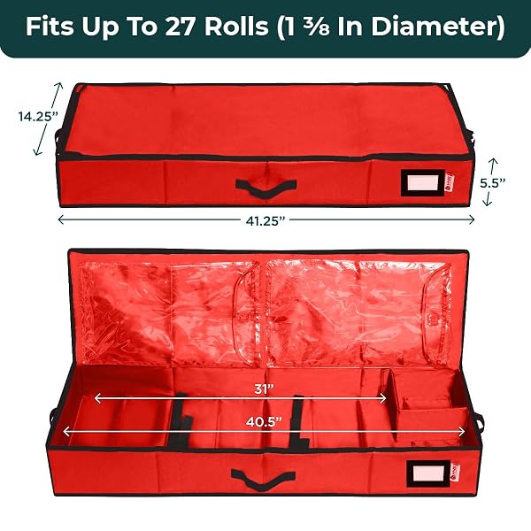 HOLDN’ STORAGE PREMIUM WRAPPING PAPER STORAGE CONTAINER – DURABLE 600D TEAR-PROOF, FITS 27 ROLLS GIFT WRAP, EXTRA POCKETS FOR RIBBONS & BOWS, UNDERBED STORAGE – IDEAL FOR HOLIDAY CHRISTMAS, RED
