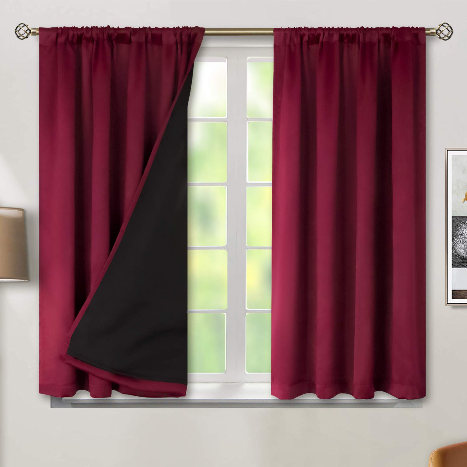 BGment 100% Blackout Curtains 45 Inches Length 2 Panels, Christmas Thermal Insulated Room Darkening Soundproof Window Curtains Panels for Kitchen, Each Drapes 42 Inches Wide, Burgundy Red Image