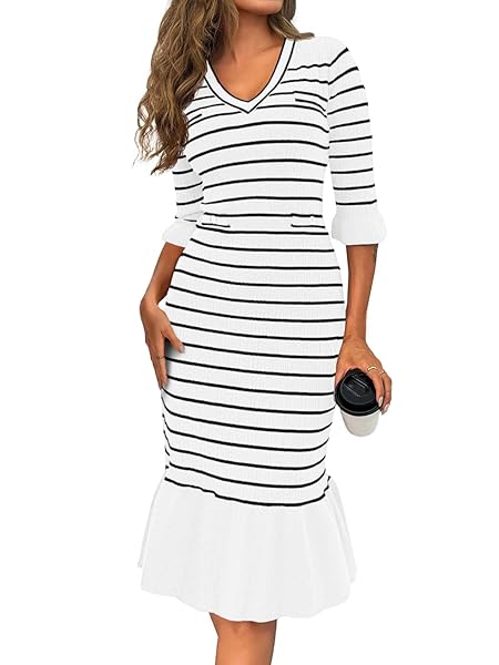 WENRINE WOMENS STRIPED SWEATER DRESS V NECK HALF SLEEVE CASUAL KNIT RUFFLE  FALL MIDI DRESSES WHITE - Korting Discount Outlet