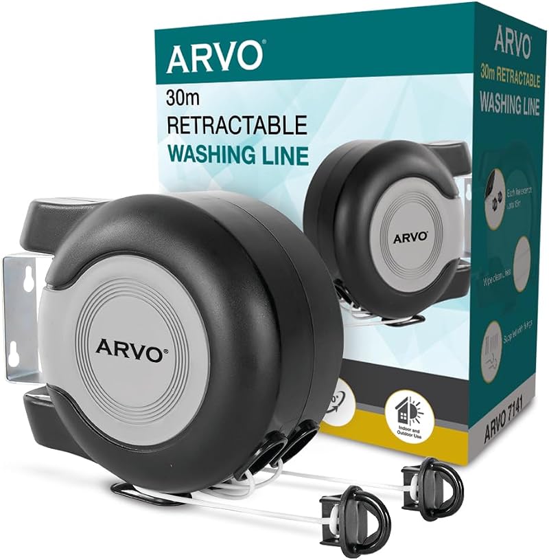ARVO Wall Mounted Double Retractable Washing Line 30m Indoor Outdoor