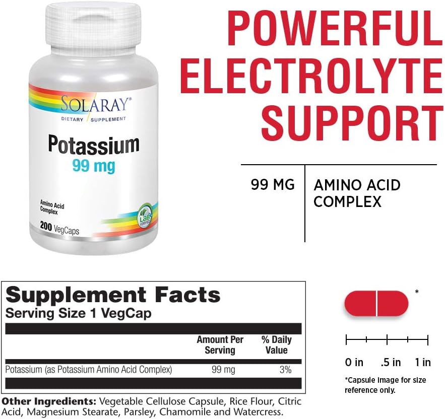Solaray Potassium 99mg | Fluid & Electrolyte Balance Formula | Heart, Nerve & Muscle Function Support | 200ct: Health & Personal Care