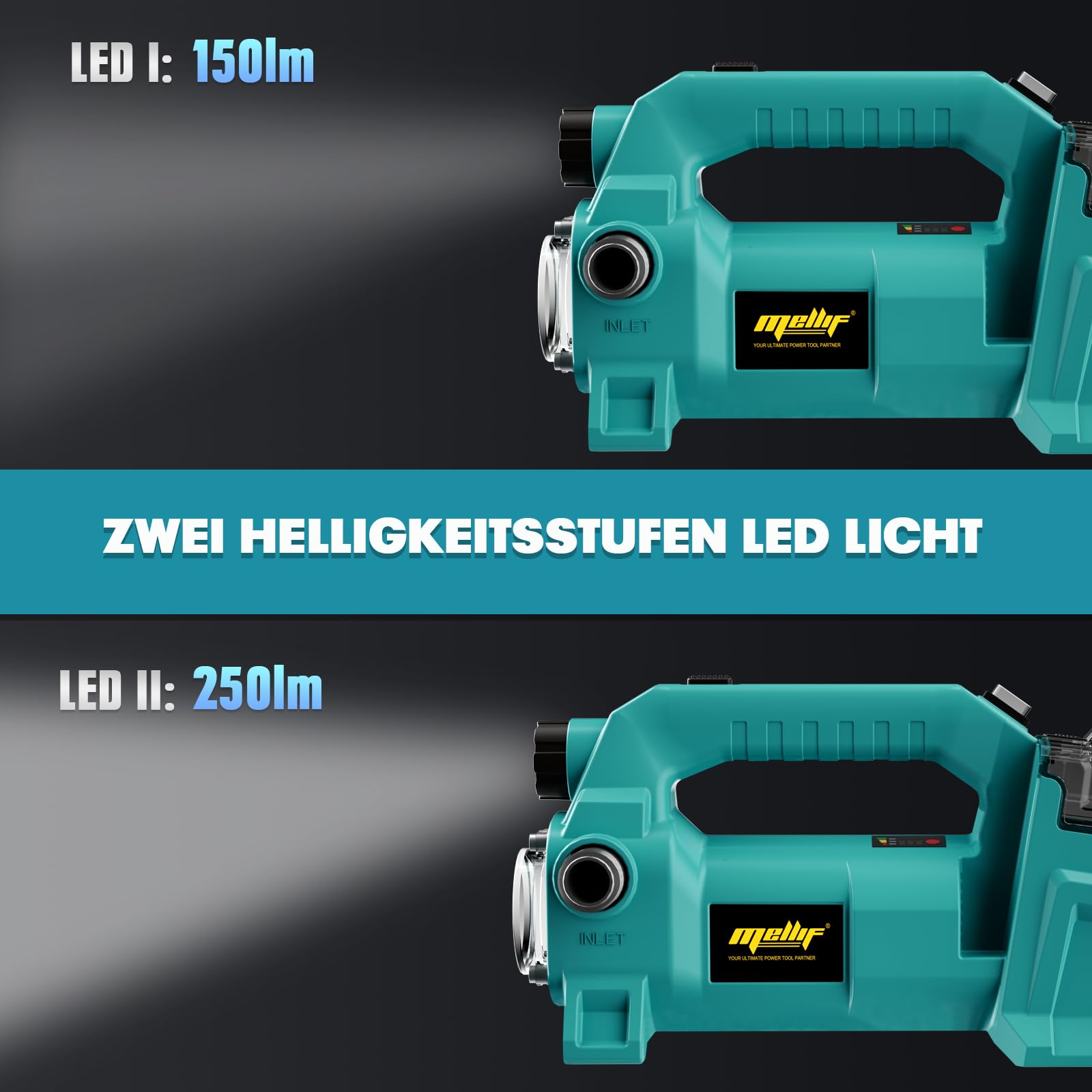 Mellif Akku Wasserpumpe für Makita Akku 18V, Gartenpumpe mit Akku 4000 mAh,Bürstenlos Motor,Fördermenge 1895 L/h,Förderhöhe 18 m,LED Licht für Garten (inkl. MELLIF 2 Akku 2.0 Ah + 1 Ladegerät 2.0Ah) 6