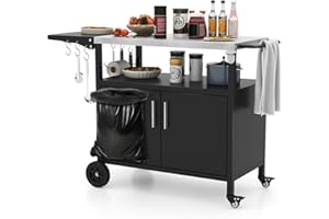 HAPPYGRILL Outdoor Grill Cart with Storage, Pizza Oven Cart with Stainless Steel Top, Foldable Side Table, Storage Cabinet, 6
