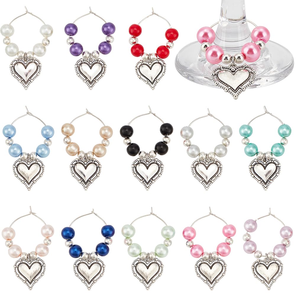 SUNNYCLUE 14Pcs Wedding Wine Charms Wine Glass Identifier Charms Alloy Colorful Heart Wine Bead Rings Drink Marker Tags for Stem Glasses Wedding Valentines Day Drinks Wine Tasting Party Decorations