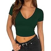 ForeFair Womens Short Sleeve Crop Tops Casual V Neck T Shirts Going Out Top Double Lined Slim Fitted Basic Tee