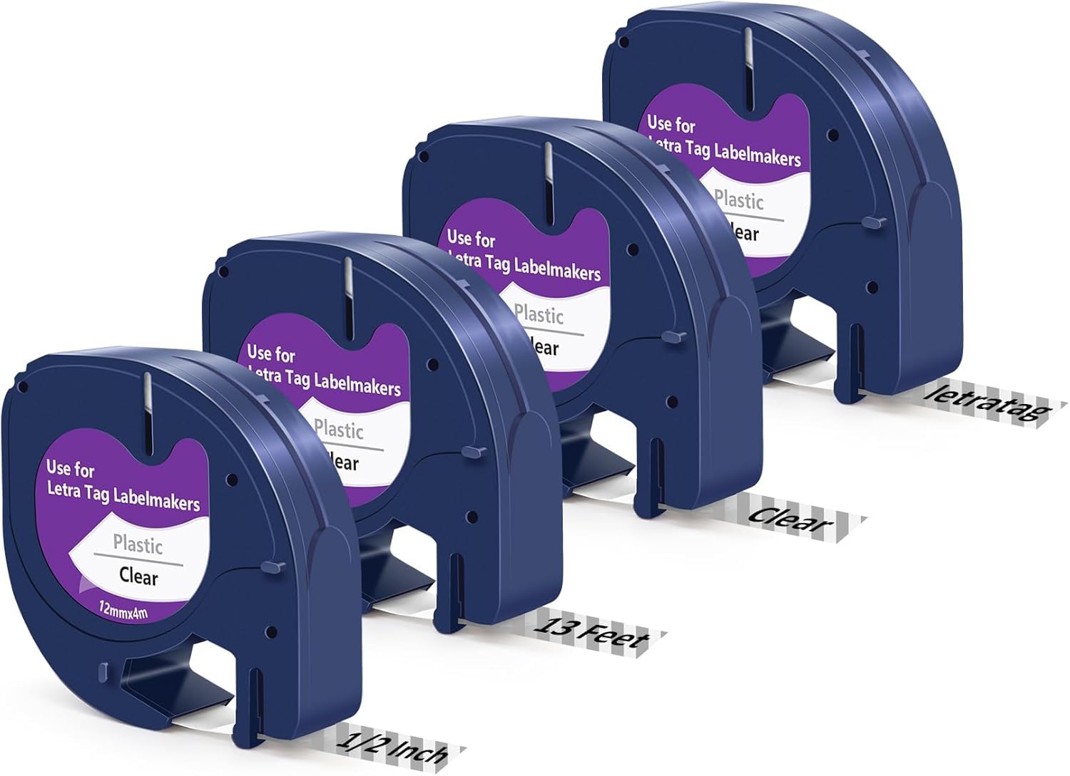 Compatible with Dymo LetraTag Label Tape Black on Clear 12267 S0721530 12 mm x 4 m for DYMO Letratag Label Maker Refills LT-100H 200B XR LT-100T Transparent Plastic Labelling Tape, 4-Pack