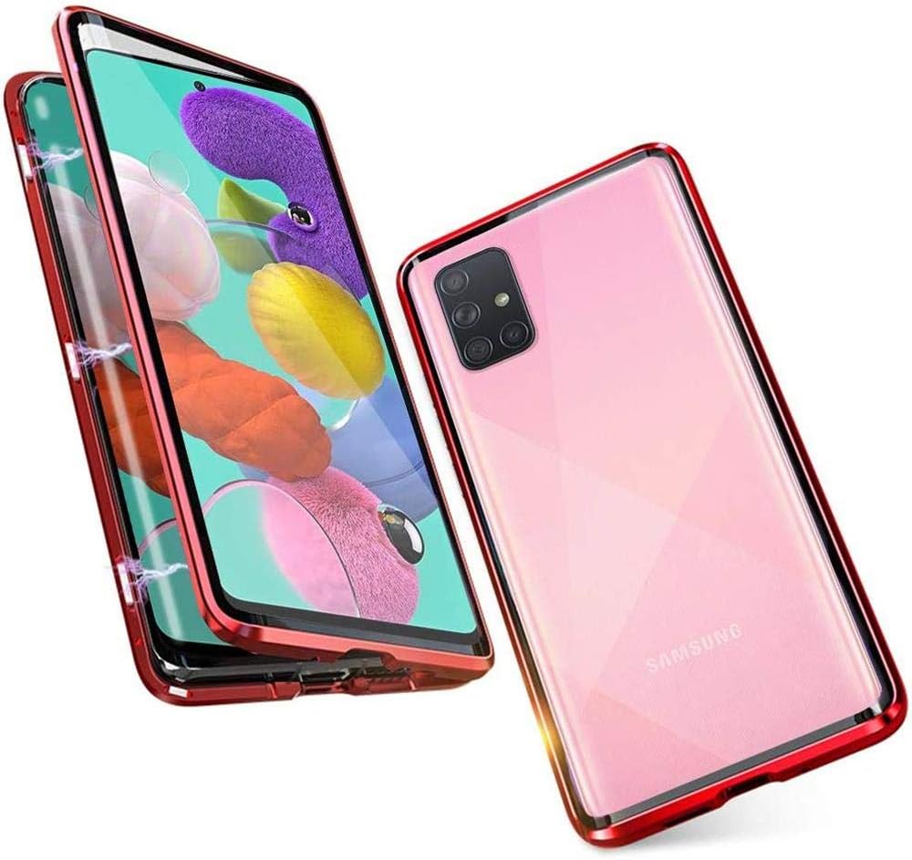 Magnetic Case for Samsung Galaxy A51, Magnet Adsorption with Front and Back Double-Sided Built-in Tempered Glass, One-Piece Full Screen Coverage Design 360 Degree Full Body Metal Frame Cover - red