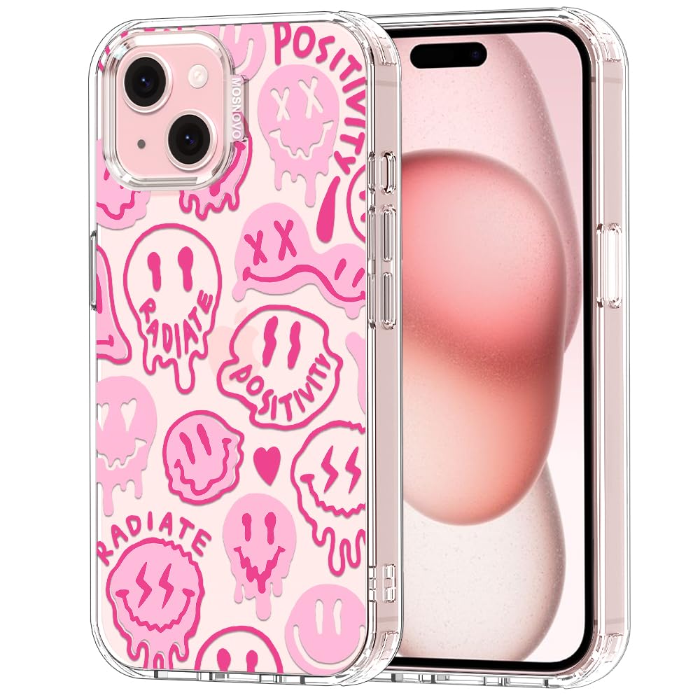 MOSNOVO Case for iPhone 15, [Buffertech 6.6ft Military-Grade Drop Protection] [Anti Peel Off Tech] Clear TPU Bumper Phone Case Cover Design - Pink Dripping Smiles Positivity Radiate Face — image 1