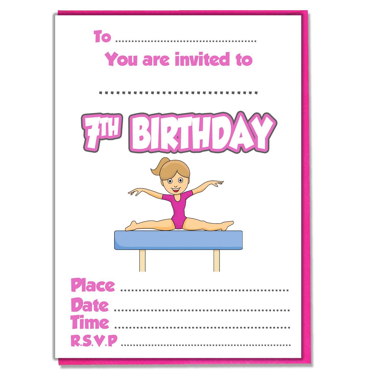 AK Giftshop Kids Girl Gymnastics Themed Party Invites - Birthday Boys Girls - Pack of 30 Invitations and Coloured Envelopes (7th Birthday)