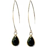 Natural Gemstone Pull Through Earrings 18K Gold Plate Birthstone Jewelry, Healing Stones, Small Dainty Teardrop Drop Dangle Earrings for Women Girls Gift