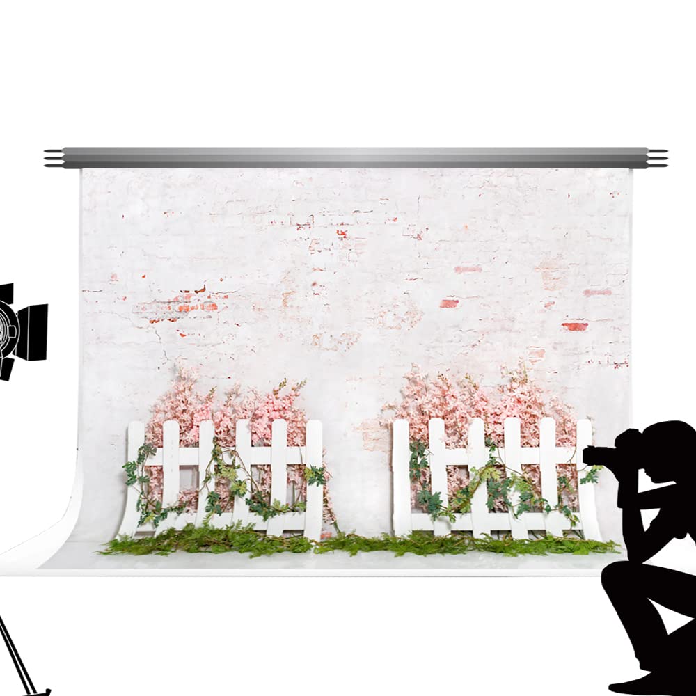 Kate Spring Backdrops White Fence Backgrounds Pink Flowers Photo Backdrops Brick Wall Backdrop Microfiber Portrait Background for Photography Studio Props(7x5ft/2.2x1.5m)