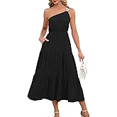 Kikibell Women's Summer One Shoulder Midi Dress Sleeveless Shirred Ruched Flowy Wedding Guest Long Sun Dresses