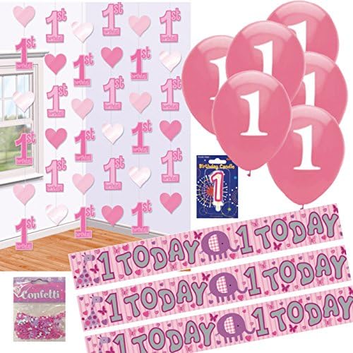1st Birthday Decorations Girl First Birthday Balloons Banners Candle Hanging Decorations Confetti Pink Purple Theme