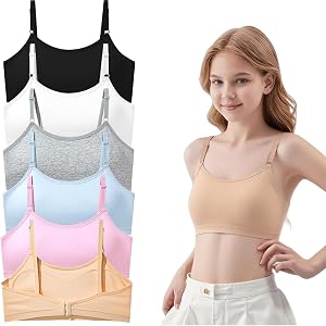 6 Pack Cotton Sports Bras for Teen Girls Adjustable Spaghetti Straps Built in Bra Pads Ages 10-18