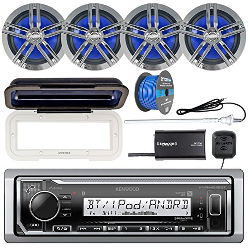 Kenwood KMR-M322BT Marine Bluetooth Receiver, Radio Cover, 4x Enrock Marine 2-Way 6.5" Speakers (Charcoal), Satellite Radio Tuner Kit, Marine Radio Antenna - White, 50 Foot 16-G Tinned Speaker Wire