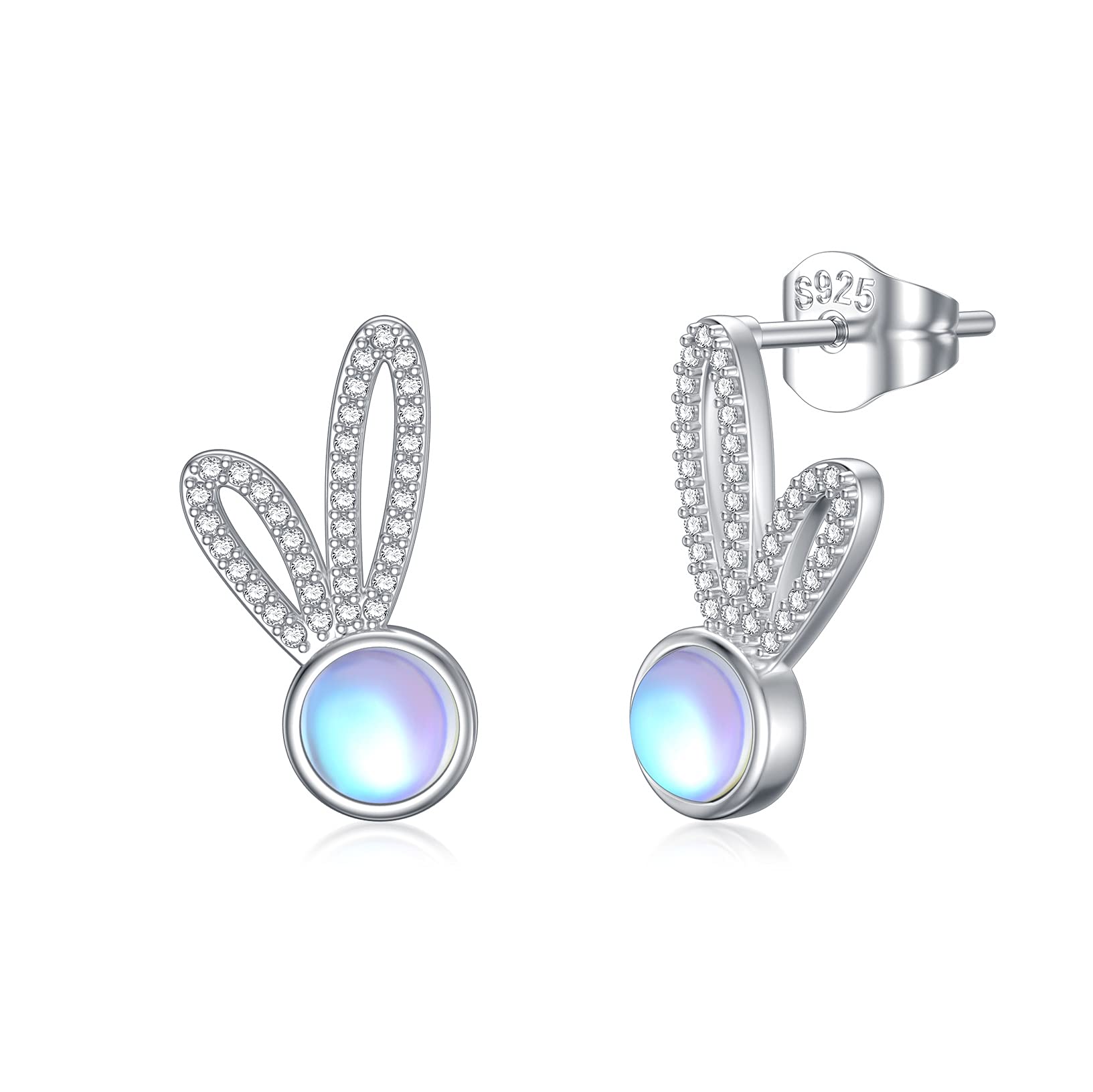 Bunny Moonstone Earrings 925 Sterling Silver Rabbit Stud Earrings Hypoallergenic Cute Easter Jewellery for Women Girls
