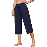 Larmliss Womens Capri Pants Loose Wide Leg Drawstring Elastic Waist Casual Lounge Cropped Pants with Pockets Navy Blue
