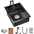 TORVA RV Kitchen Sink, 16 x 21 x 7 Inch Undermount Bar Sink 16 Gauge Stainless Steel Single Bowl Sink with Foldable Faucet Cutting Board, Dark Grey