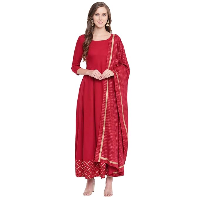 Women's Gold Print Rayon Flared Kurta with Dupatta