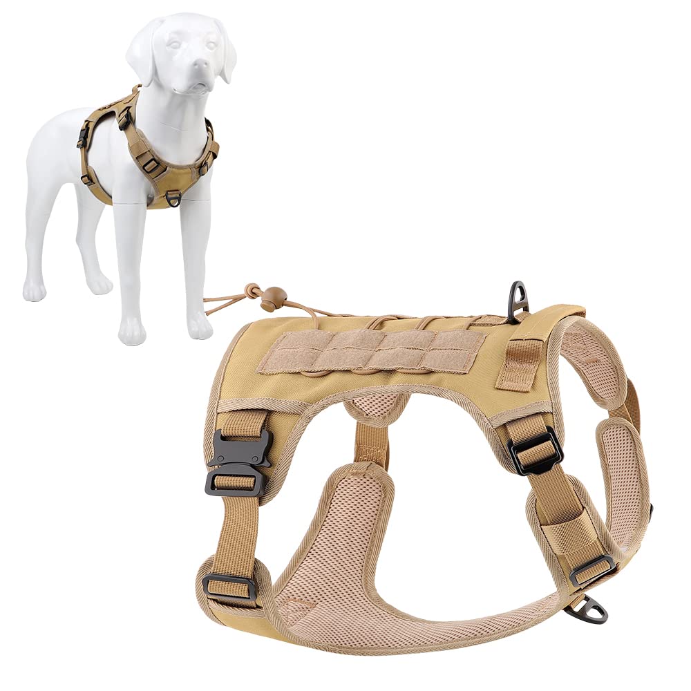 Plutus Pet Tactical Dog Harness, All Metal Buckles, No Pull Service Dog Vest with Handle, Adjustable Military Dog Harness with Hook & Loop Panels, for Small Medium Large Dogs, Khaki, M