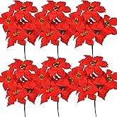 Christmas Artificial Poinsettia Flowers 6Pack Silk Red Poinsettia Artificial Bushes Christmas Flowers 7 Heads Velvet Poinsettia Floral Bouquet with Stem for Party Home Decoration