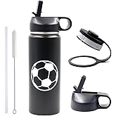 18 oz Soccer Water Bottle with Straw, Sports Flask Metal Travel Tumbler with 2 Lids, BPA Free Stainless Steel Double Wall Vacuum Insulated Leak Proof Thermo Water Bottles, Soccer Gifts for Boys Girls