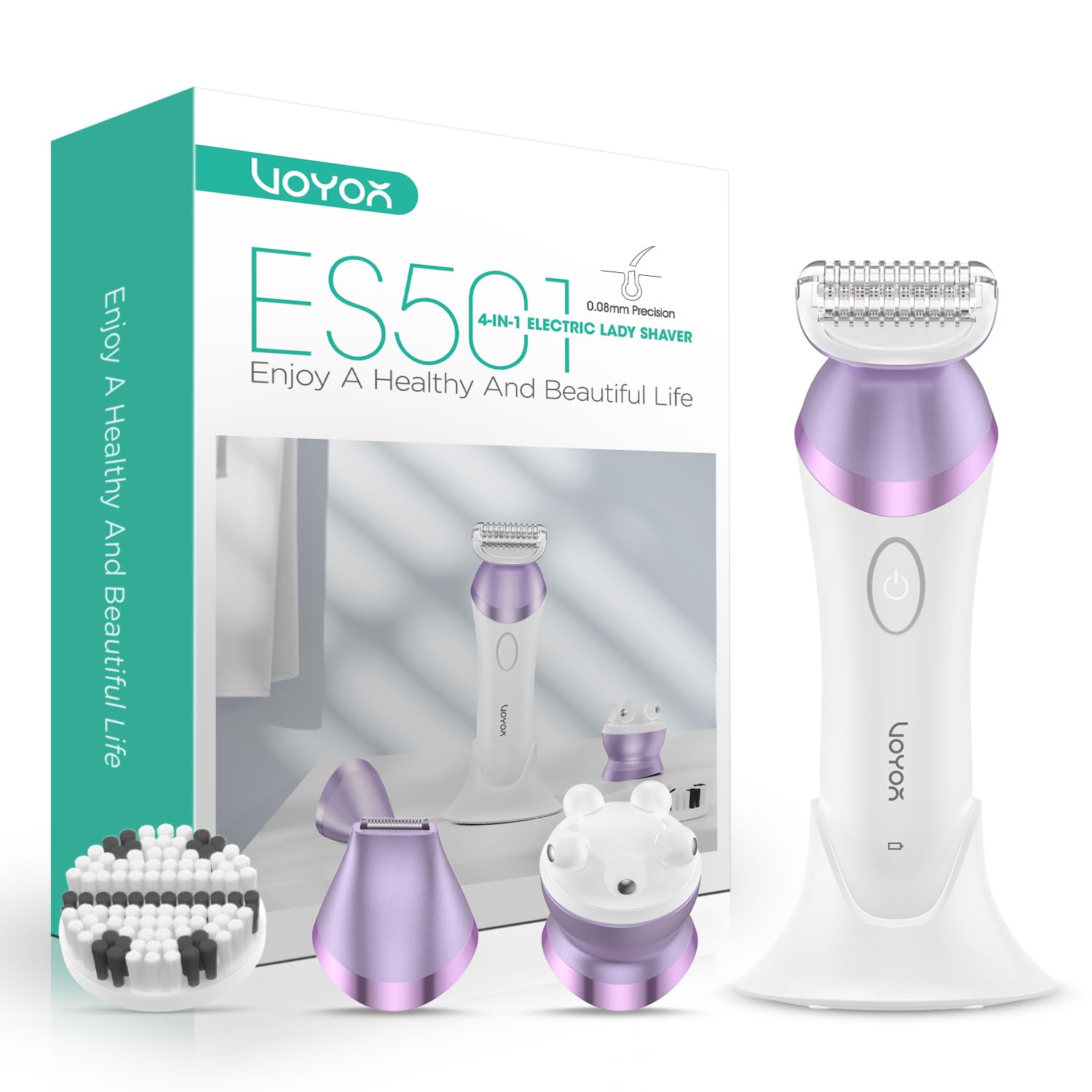 VOYOR Lady Shavers for Women Bikini Trimmer 4 in 1 Cordless Electric Razor Rechargeable Wet & Dry Lady Shaver with 2 Speeds for Full Body, Pubic Hair Trimmer,Cleansing,Massage ES501 (Purple)