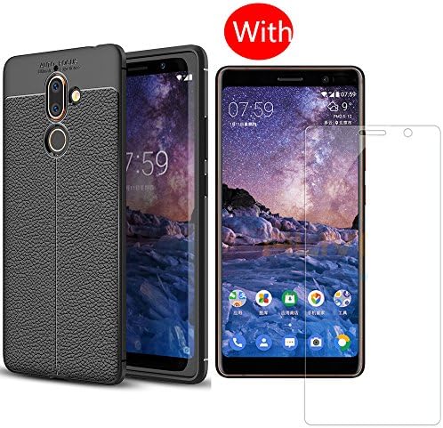 For Nokia 7 Plus Case with Screen Protector-Full Coverage Soft Slim and Protective Leather Ring Case with [2 PACK] High Clear 9H Hardness Tempered Glass Screen Protector for Nokia 7 Plus