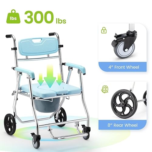 OasisSpace Folding Shower Commode Wheelchair 300lbs Bedside