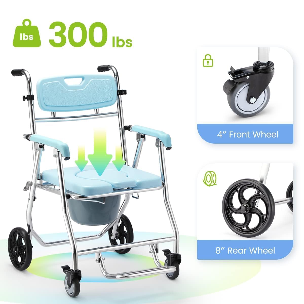 OasisSpace Folding Shower Commode Wheelchair - 300lbs Bedside Commode with Padded Seat, Waterproof Rolling Shower Chair with Arms and Backrest, Shower Chair with Wheels (FSA or HSA Eligible)