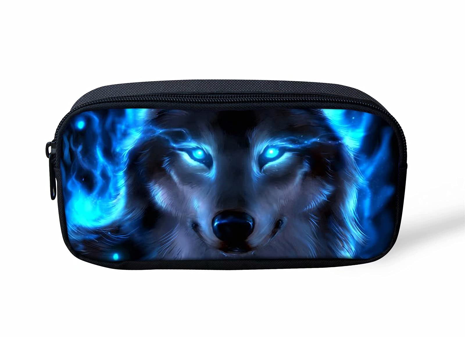 NETILGEN Pen Case Blue Cool Wolf Print Student School Pencil Bag,Unique Animal Wolf Kids Zipper Stationery Pouch,Children Coin Purse