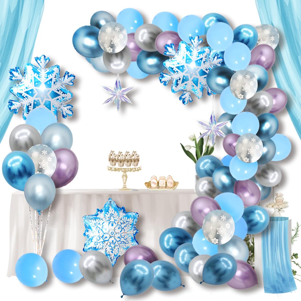 Snowflake Balloon Garland Arch kit 90 Pack Snowflake Balloons for Winter Wonderland, Holiday, Christmas, Snow Princess Birthday Party Decorations Garland Balloon with Purple White Blue