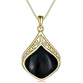 YAFEINI Black Onyx Necklace for Women Sterling Silver 18K Yellow Gold Plated Black Opal Filigree Boho Pendant Necklace Jewelry Gifts for Girls