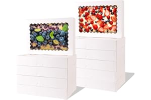 PFAMKEER 8 Pcs Cookie Boxes,14x10x2.5 Inch Large Bakery Boxes with Window for Pies Chocolate Strawberries Muffins Donuts Pastry Dessert Christmas(Brown) (White, 14 * 10 * 2.5inch/8pcs)