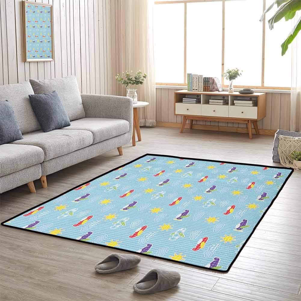 Decor Bedroom Rugs, Colorful, Durable, Anti-Slip Soft Comfy Area Rugs for Home Decorate, Airplane | Patchwork Style Baby Boy Kids Pattern Transportation Travel Icons on Blue Strips - 4'x6' Multicolor