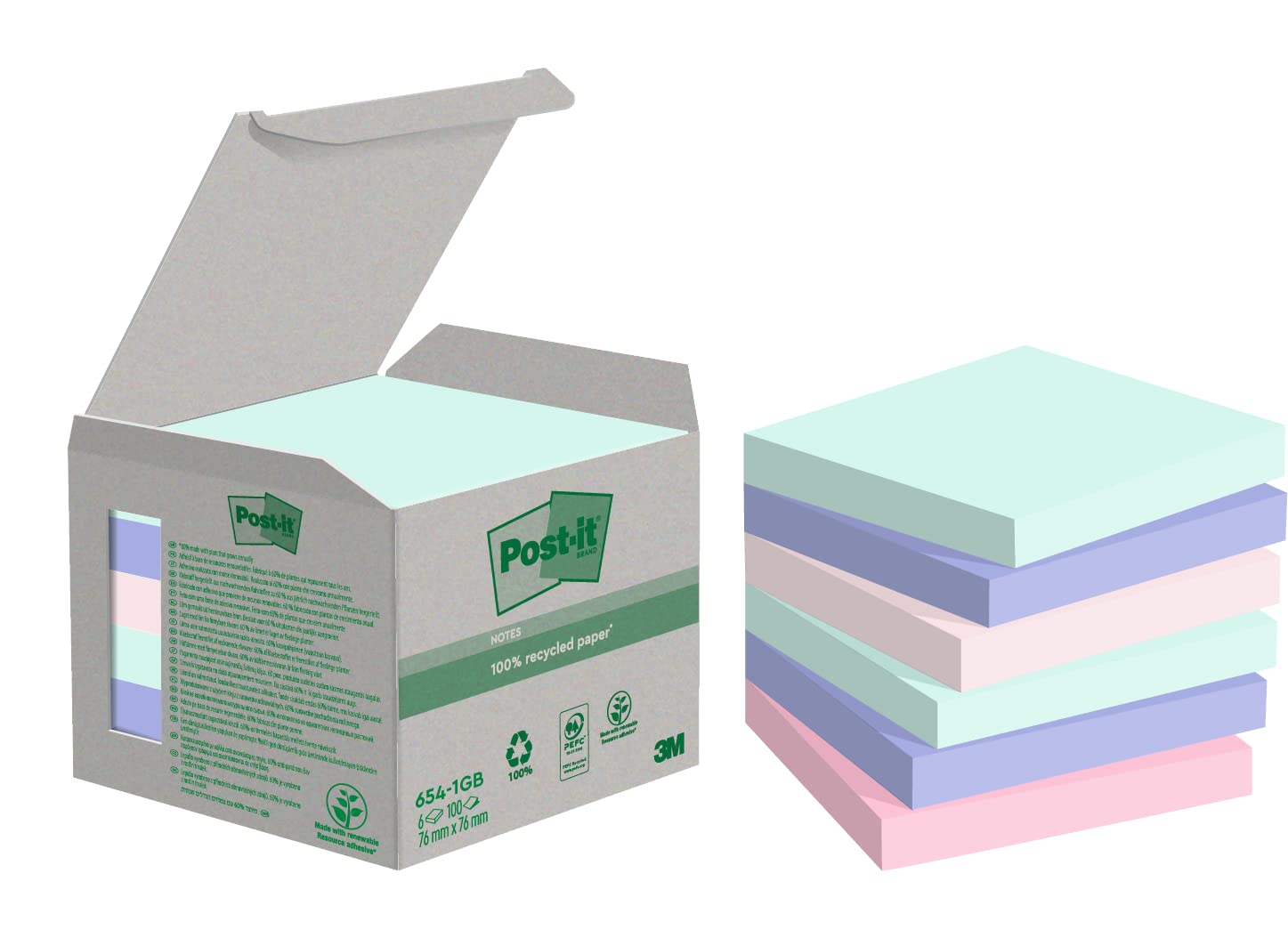 Post-it Recycling Notes Assorted Colours, Pack of 6 Pads, 100 Sheets per Pad, 76 mm mm x 76 mm, Green, Pink, Blue - Self-Stick Notes Made from 100% Recycled Paper