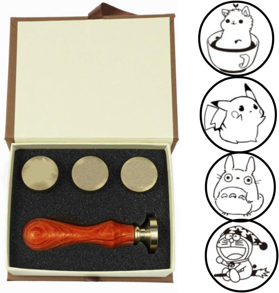 Wax Seal Stamp Set, SeeSky 4 Pieces Totoro Doraemon Cartoon Sealing Wax Stamps Copper Seals+1 Piece Wooden Hilt.Gift for Birthday Christmas Themed Party (Totoro+Doraemon+Alpaca+Picachu)