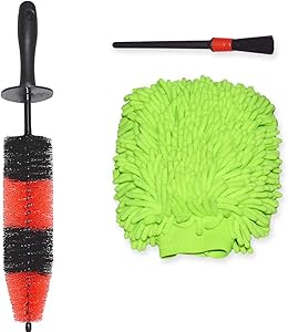 YISHARRY LI Car Cleaning Kit 3 Piece - 17inch Long Soft Bristle Wheel Brush and Chenille Microfiber Wash Mitt and Auto Detailing Brush