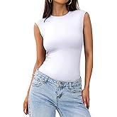 PINKMSTYLE Womens Crew Neck Sleeveless Bodysuit Double Lined Stretchy Fitted Basic Thong Body suit Tank Tops