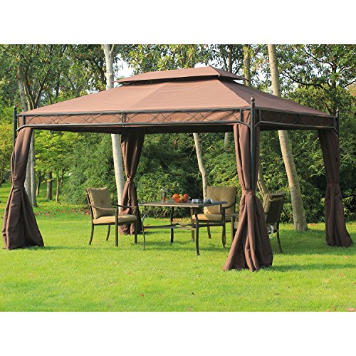 Outsunny 10x13ft Garden Gazebo Double-Tiered with Curtain Outdoor Shelter Backyard Canopy Coffee